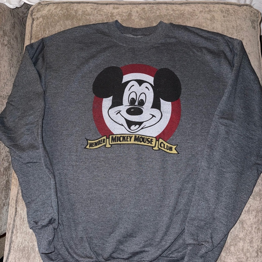 Disney Gray Crewneck Sweatshirt with Mickey Mouse Graphic and Red Accent